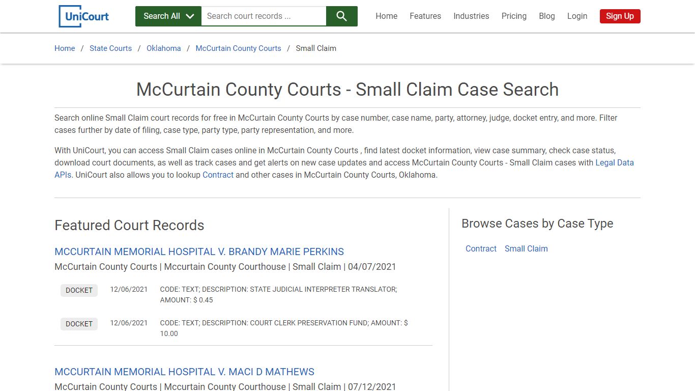 Small Claim Case Search - McCurtain County Courts, Oklahoma